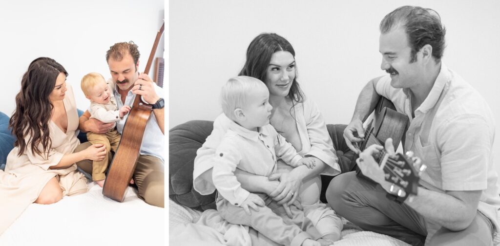 Two Photos of a Mom Dad an 1 year old boy sitting together and playing guitar Mary Eleanor Photography.