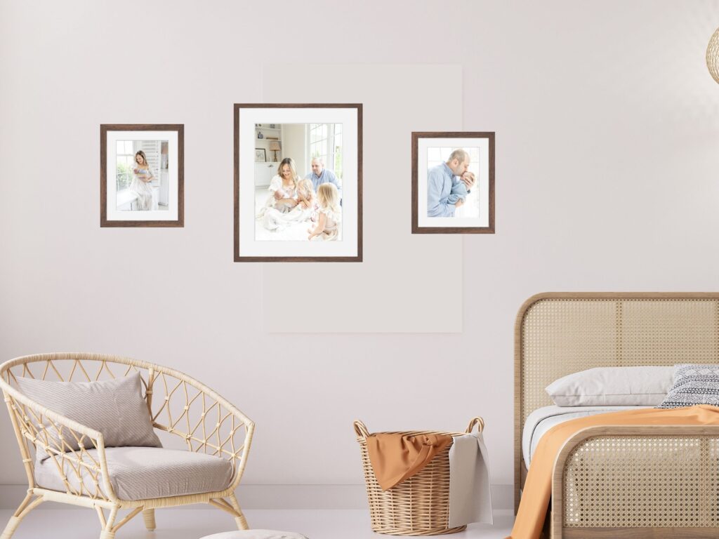 Three piece framed artwork gallery wall in a bedroom featuring in home photography by Mary Eleanor Photography.