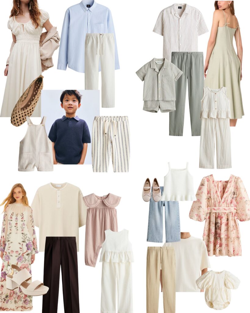 A style board with personalized outfit options for families having Virginia Beach family photos by Mary Eleanor Photography.